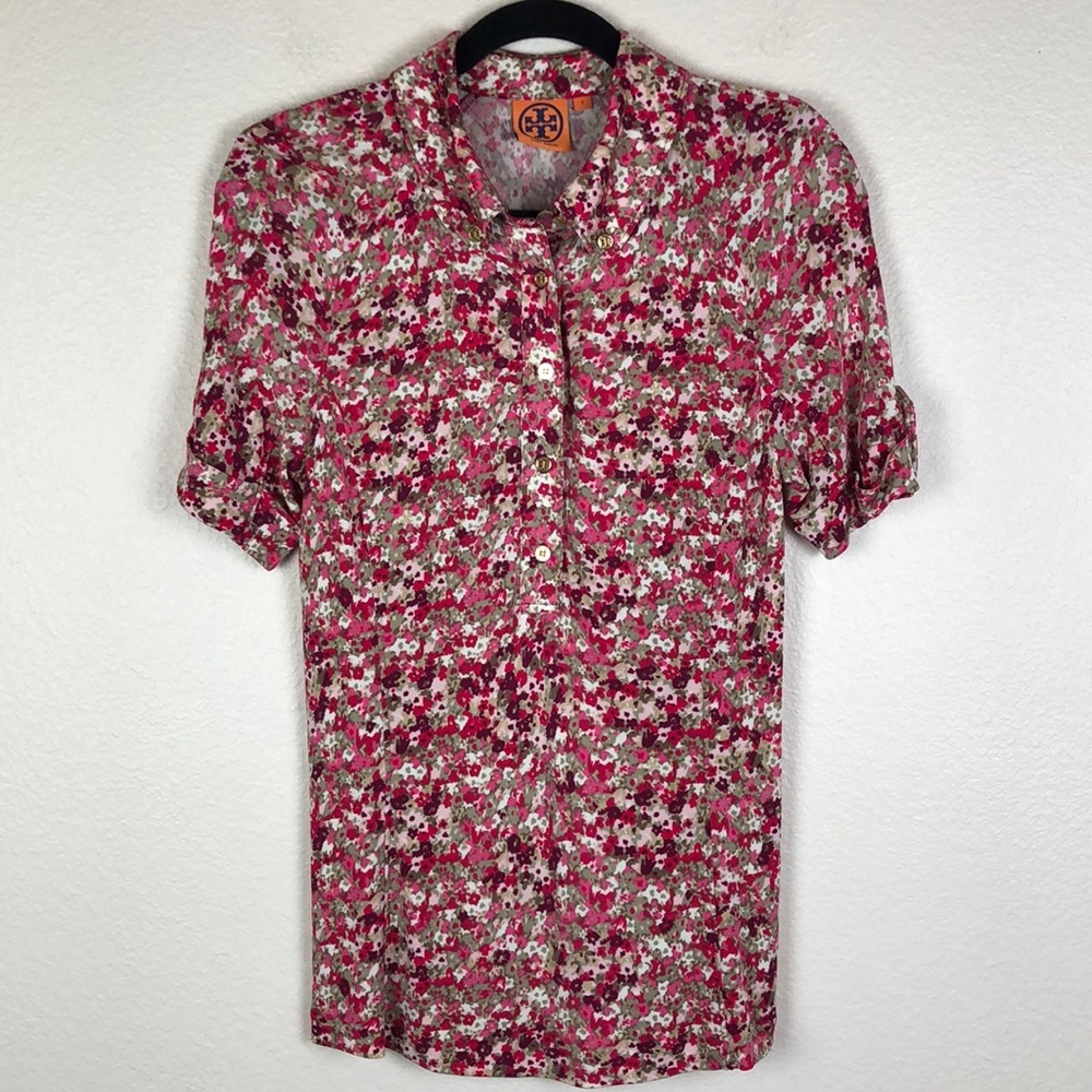 Tory Burch Floral Gold Button Collared Half Butto… - image 1